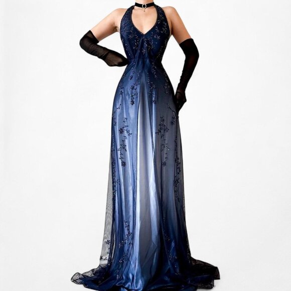 Vintage Blue Gradient Satin Mesh Floral Beaded Babydoll Style Prom Dress Size M - Picture 1 of 8